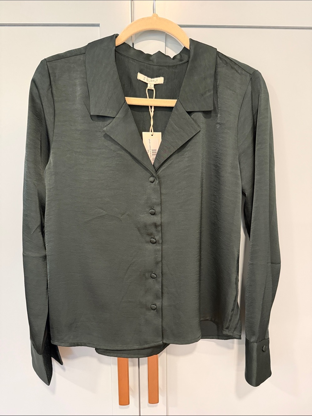Z Supply Dark Green Satin Button-Down Blouse